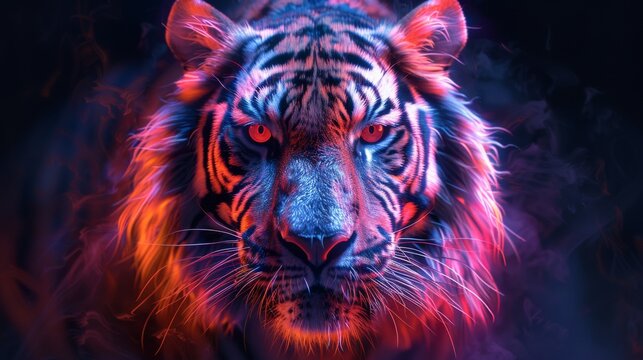 Majestic tiger with piercing red eyes emerging from a vibrant cloud of colorful smoke, its fierce gaze captivating the viewer