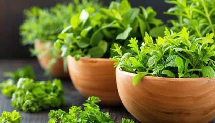 Fototapeta premium Three wooden bowls filled with a variety of fresh green herbs, arranged on a wooden surface for a natural and healthy display.