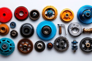 13. A set of gears and cogs with digital data flowing through them, symbolizing the mechanics of the internet, on a white background