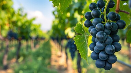 Obraz premium closeup of ripe red grapes hanging from a vine in a vineyard with green leaves and a blurry background of other vines