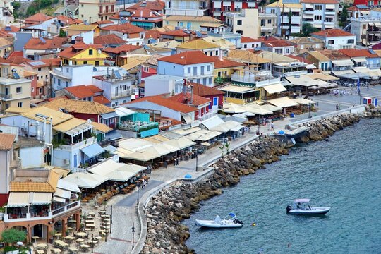 View of Parga town and Valtos beach in Greece.