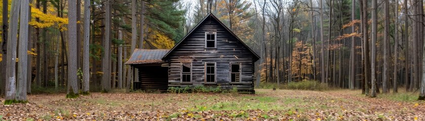 abandoned rustic cabin in the woods with golden autumn foliage and tall trees.