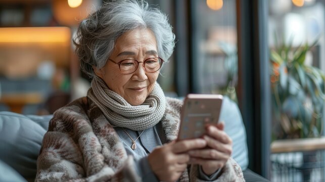 Senior caregiver using financial apps, water color style, tech integration