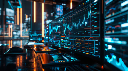 Close-up of many digital screens in a dark office with red charts. Analyze data using graphs on computer screens. Business, analysis and technology concept.