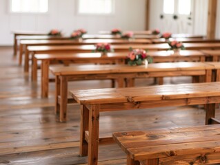 rustic wooden benches in a light and airy room with blurry floral centerpieces - perfect for wedding ceremony or rustic event decor