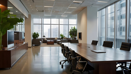 Interior of modern empty office building Comfortable Co-working Space room is well-lit with natural light pouring in from the large windows.