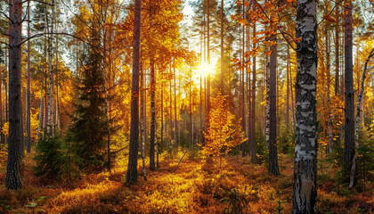 Obraz premium A serene and colorful coniferous forest in autumn, with vibrant foliage and peaceful atmosphere. Suitable for nature-themed content and seasonal promotions.