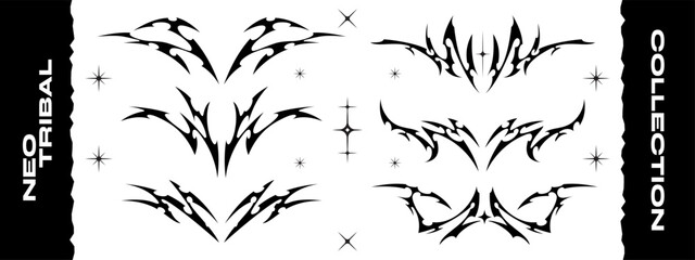 Symmetrical cyber sigilism clip art. Neo tribal y2k set collection. Gothic illustration element for fashion clothing, tattoo, poster