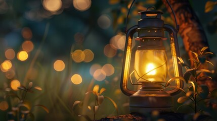 9. Camping Lantern, realistic style, muted tones, metallic pattern, eye level, soft light, bokeh,