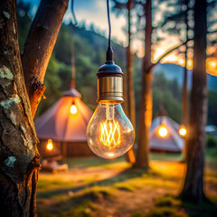 Warm Camping Light Bulb Hanging on Tree