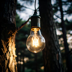 Warm Camping Light Bulb Hanging on Tree