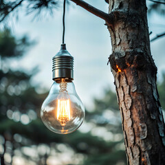 Warm Camping Light Bulb Hanging on Tree