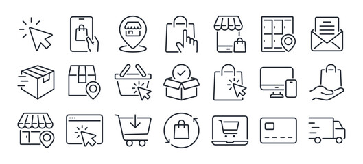 Click and collect online shopping editable stroke outline icons set isolated on white background flat vector illustration. Pixel perfect. 64 x 64