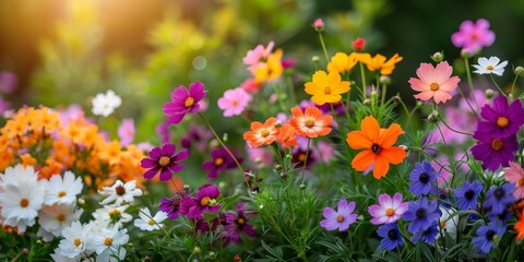 Fototapeta premium vibrant garden flowers in full bloom with soft sunlight and blurred background - colorful cosmos and blue flowers in a lush green setting