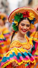vibrant portrait of a smiling woman in a colorful traditional mexican dress and sombrero, with floral decorations and festive makeup, during a cultura