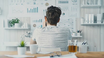 A financial analyst sits at a desk with charts and graphs spread out, examining the impact of fluctuating interest rates on various investment strategies. The scene includes ample copy space for text