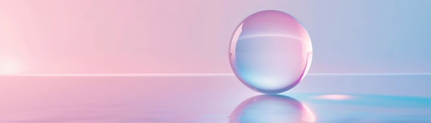 Obraz premium A clear sphere is floating on a pink background. The sphere is surrounded by a blue and pink reflection. The image has a calming and serene mood, with the clear sphere representing purity and the pink
