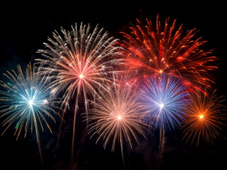 Fototapeta premium bright fireworks in the night sky. colorful lights overlay