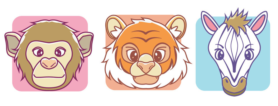 set of animal heads monkey tiger zebra. Cartoon Vector Icon Illustration mascot animal nature Isolated