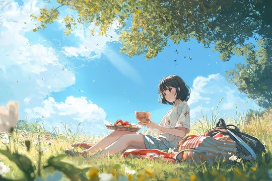 haracter having a peaceful picnic in a quiet park, with a gentle and relaxing setting, cozy vibe, Generative AI