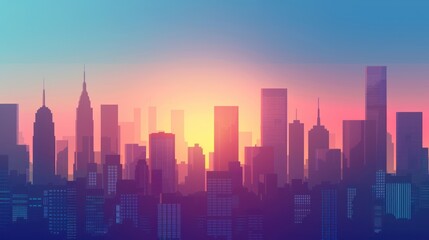 Fototapeta premium An urban cityscape background featuring modern skyscrapers at sunset