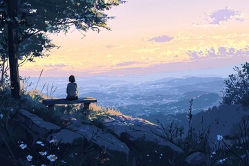 Fototapeta premium Character admiring a beautiful view from a peaceful mountain spot, cozy vibe, Generative AI