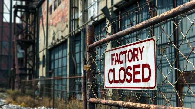 Ridlock factory closed sign on fence at industrial plant.
