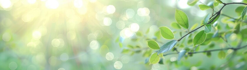 Obraz premium A leafy tree branch with sunlight shining on it. The sunlight creates a warm and inviting atmosphere
