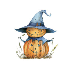 Jack o lantern, Halloween Watercolor Style Clip Art Transparent Background