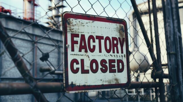 Ridlock factory closed sign on fence at industrial plant.