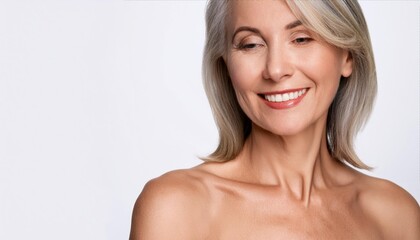 beautiful 50s mid aged mature woman isolated on white background. skin care beauty, skincare cosmetics concep