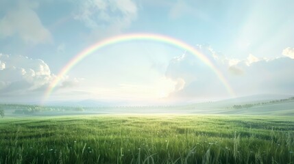 Naklejka premium A rainbow is seen in the sky above a field of grass. The sky is clear and bright, with a few clouds scattered throughout. The grass is lush and green, and the field is open and expansive