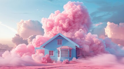 Blue private house on top of white cloud with cloud background,3d illustration of flying house on the cloud with blue sky on background,the dream of home ownership, model house,copy space.