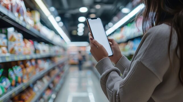 Female hand holding smartphone at supermarket and checking shopping list,blurred of store with trolley in department store,Mockup image of woman using mobile phone with blank white screen.