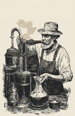 Moonshine distillation. Distillery whiskey, gin, vodka or moonshine vintage engraving. Alembic - Moonshine - Alcohol 