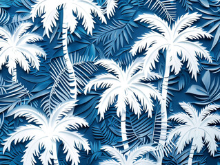 Seamless tropical pattern. Lacy pattern of palm trees on plain color background. A papercut style. 