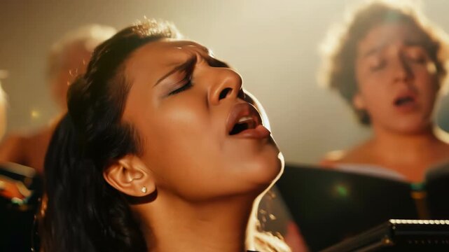 Women singing passionately in choir, emotional gospel performance for music and worship concept