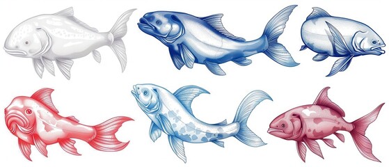 Fototapeta premium A series of fish in different colors, including red, blue, and white. The fish are arranged in a row, with some overlapping each other. Concept of variety and diversity