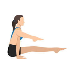 Woman doing One-Legged Insect Pose, Elephant Trunk Leg Over Shoulder Pose or Eka Pada Bhujapidasana. Flat vector illustration isolated on white background