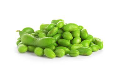 Raw green edamame soybeans and pod isolated on white
