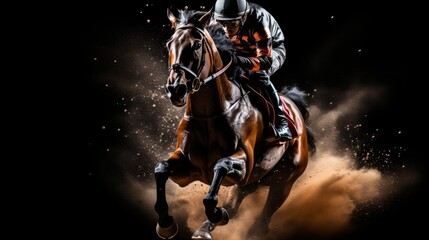 Fototapeta premium Equestrian sport with jockey in action on horse against dynamic blurred background