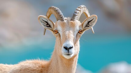 Fototapeta premium A goat with horns is staring at the camera. The goat is brown and white in color. The background has a blue color