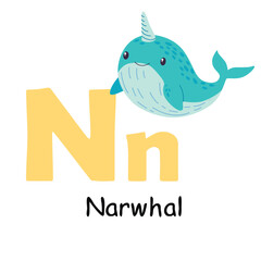 Cute animal alphabet for ABC book. N letter for the Narwhal. Vector illustration