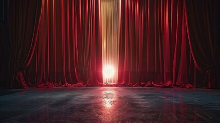 Red Stage Curtains with a Glimmer of Light