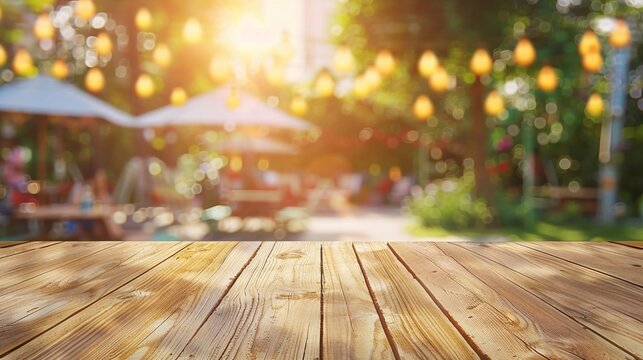 Ein leerer Holztisch bei einer Gartenparty im Sommer, verschwommener Bokeh Hintergrund 