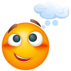 Smiling emoji get an idea. Happy emoticon thinking on white background. Cute emoticon
