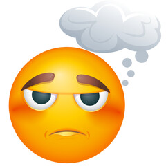 Thoughtful emoji with a gray halo cloud. Disappointed emoticon thinking on white background. Cute emoticon