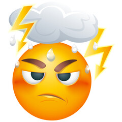 Thoughtful emoji with rainy cloud. Disappointed emoticon thinking on white background. Cute emoticon