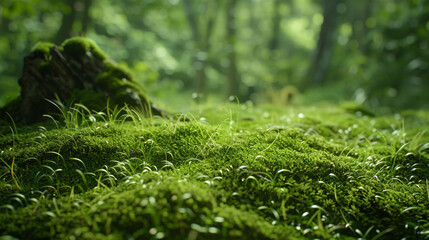 Obraz premium A lush green field of moss and grass. The image has a serene and peaceful mood, with the green color of the moss and grass creating a calming atmosphere. 