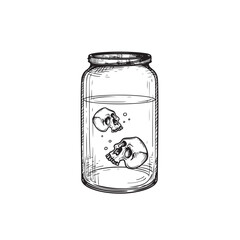 Little skulls in glass jar isolated. Hand drawn sketch style drawing. Mystical and witchcraft vector illustration isolated on white.